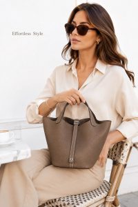 hermès picotin style elephant grey bucket bag – premium pebbled leather tote, quiet luxury handbag, elegant everyday carry for women
