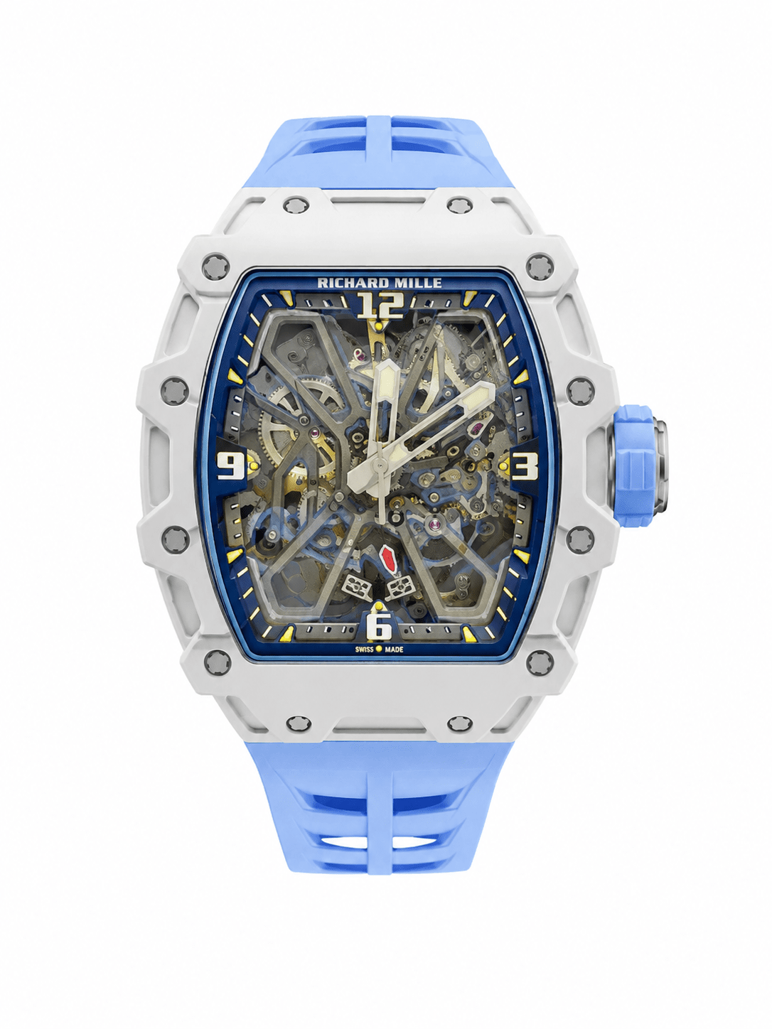 Richard Mille RM35-03 Rafael Nadal white blue quartz tpt watch front white background Richard Mille RM35-03 Rafael Nadal white blue quartz tpt watch front white background
