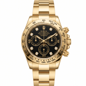 Rolex 116508 Daytona 18K Yellow Gold Black Diamond Dial White Background Product Shot