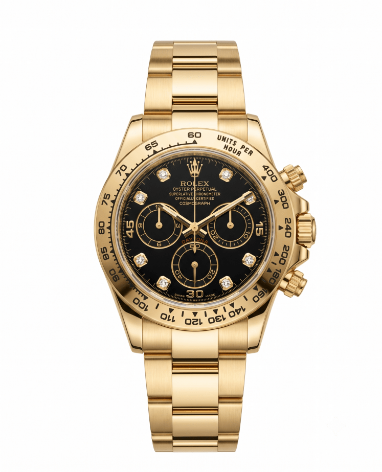Rolex 116508 Daytona 18K Yellow Gold Black Diamond Dial White Background Product Shot Rolex 116508 Daytona 18K Yellow Gold Black Diamond Dial White Background Product Shot