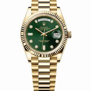 rolex day date 128238 green diamond dial watch front view
