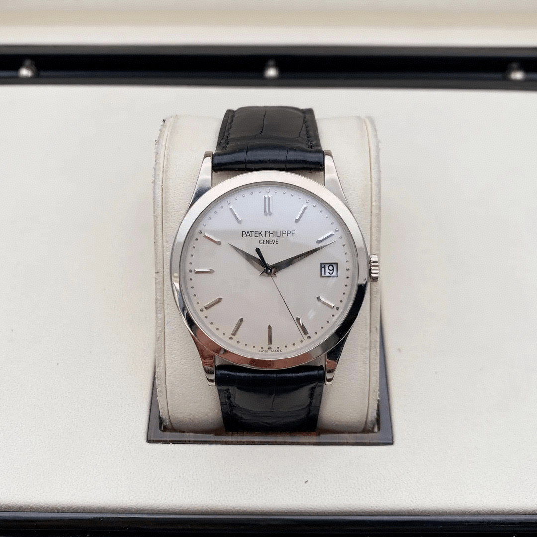 Patek Philippe 5296G-010 Calatrava pin buckle watch front view Patek Philippe 5296G-010 Calatrava pin buckle watch front view