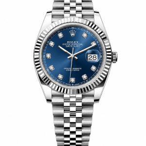 Rolex Datejust 126334 41mm watch, professional white background studio shot, blue diamond dial luxury men’s timepiece
