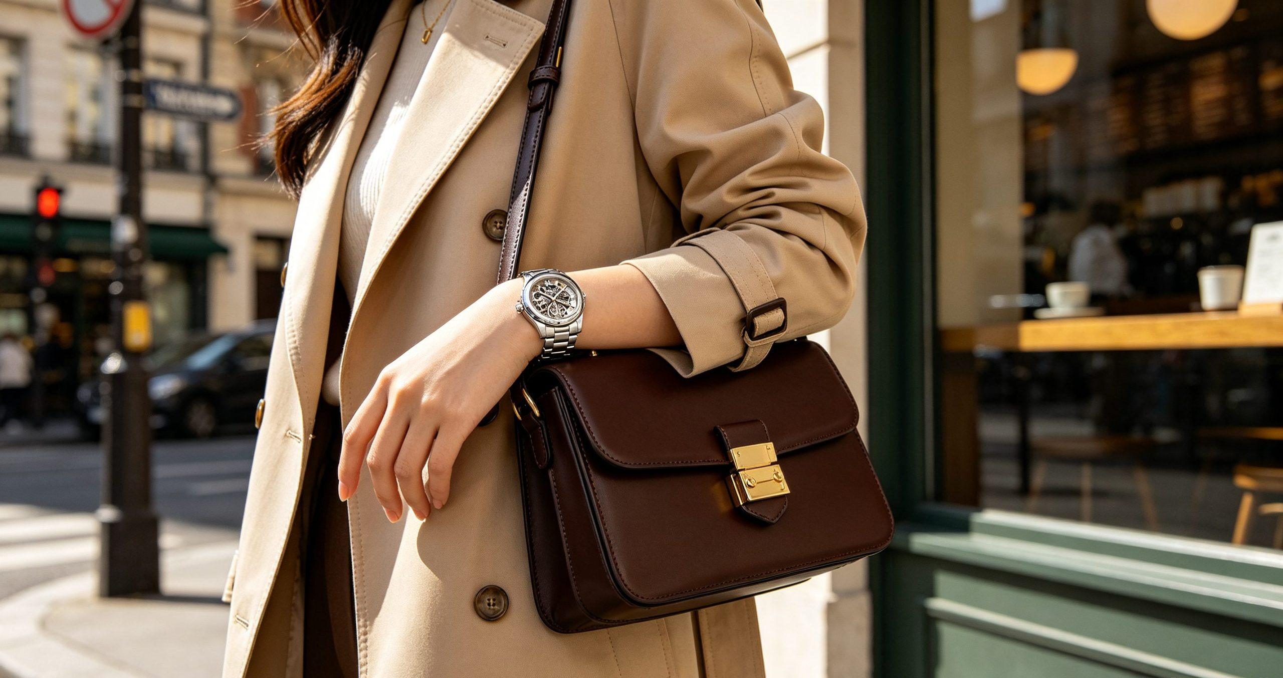 Luxury watch and designer handbag flat lay matching display
