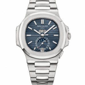 Patek Philippe Nautilus 5726A‑014 40.5mm stainless steel low‑key social watch, studio product shot on pure white background
