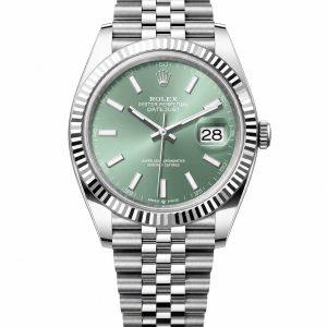 Rolex Datejust 126334 41mm mint green dial watch plain white background shot